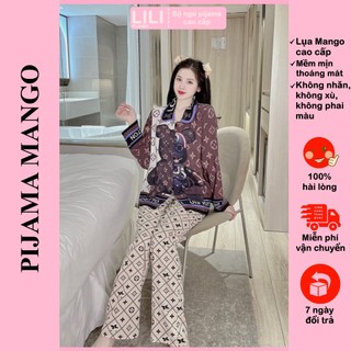 Đồ bộ mặc nhà nữ, bộ ngủ pijama chất lụa MANGO loại 1 quần dài áo dài in gấu nâu