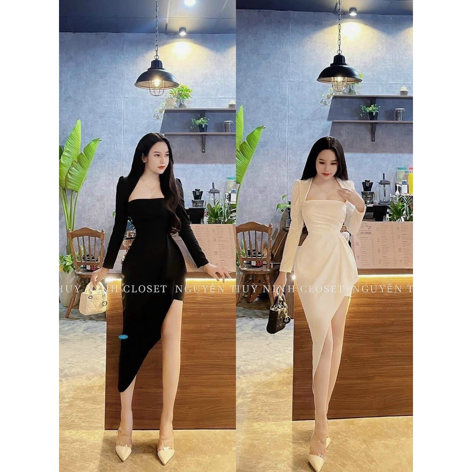 Đầm váy nữ dự tiệc xẻ tà cao phối bèo chất vải cotton lạnh siêu sang chảnh dành cho các nàng yêu