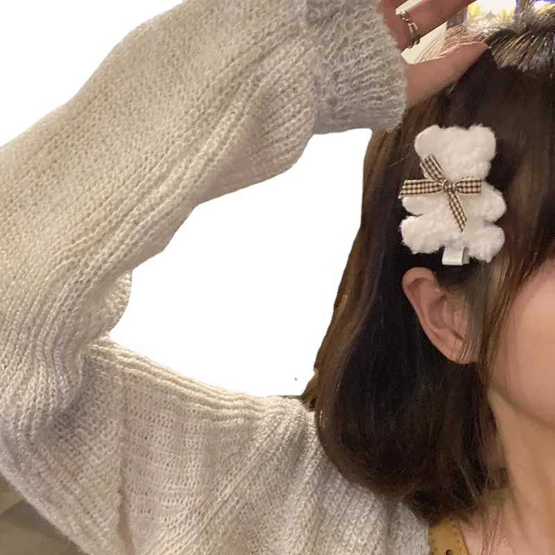 Kẹp Tóc Mái Vải Lông Cừu Phối Hình Gấu Phong Cách Hàn Quốc Thời Trang Cho Nữ