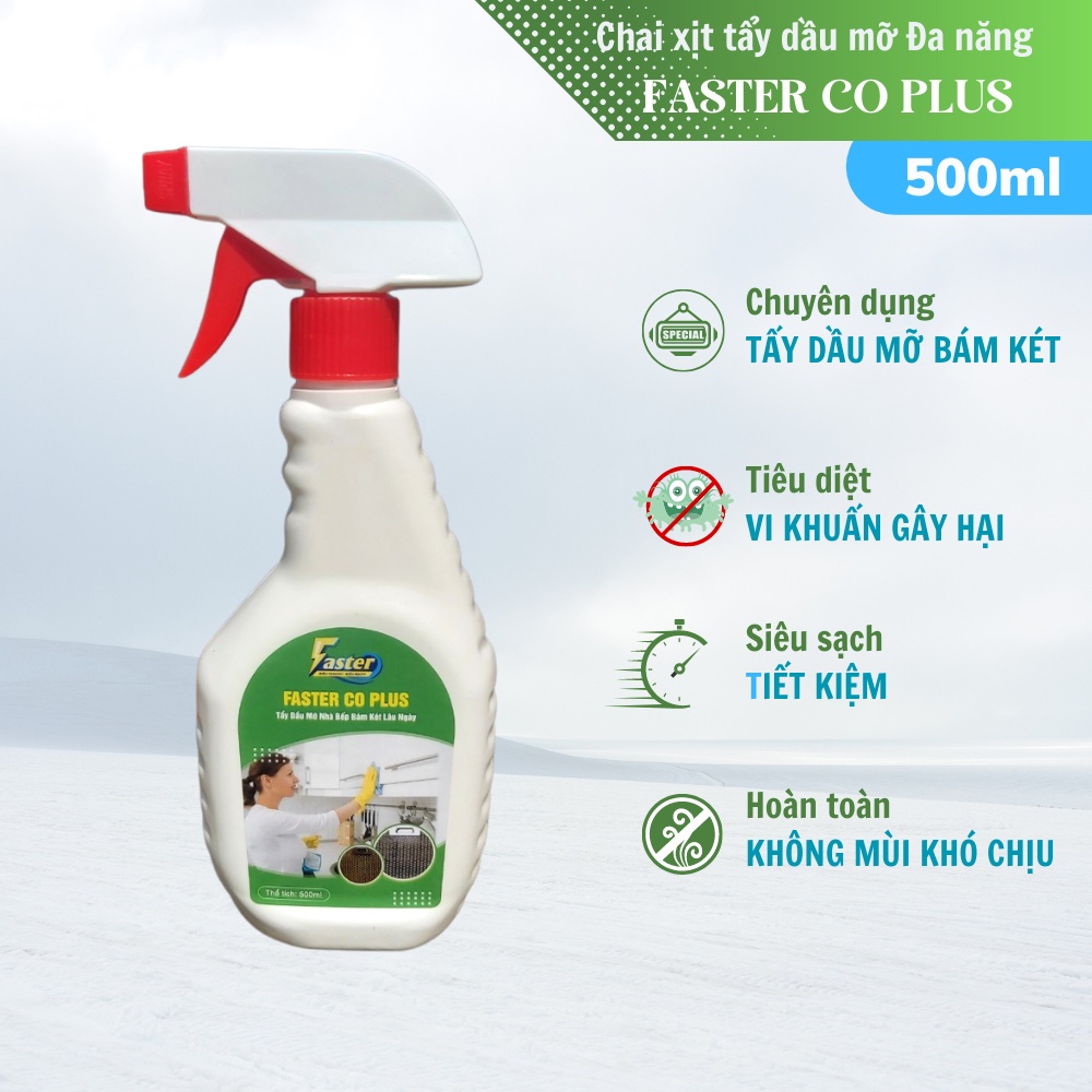 [Mã BMIN050 giảm 50K đơn 99K] Chai xịt tẩy dầu mỡ nhà bếp bám két lâu ngày FasterCO Plus 500ml