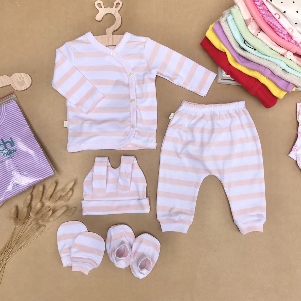 Set 5 chi tiết bộ dài tay sơ sinh cotton cao cấp cho bé sơ sinh 0-3 tháng