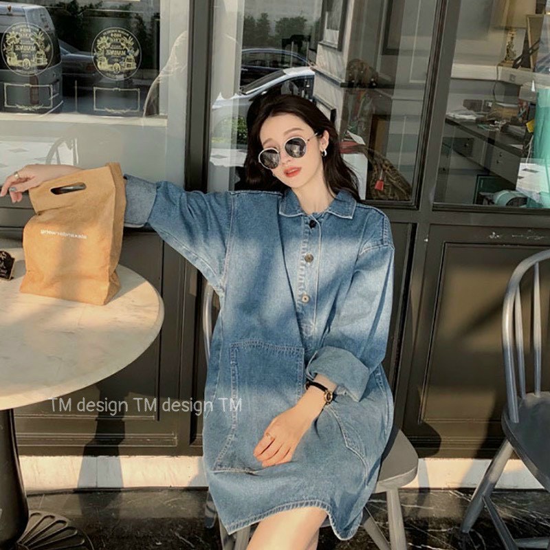 Váy jean năng động trẻ trung Đầm hiện đại phong cách Váy bò cổ sơ mi áo dài tay