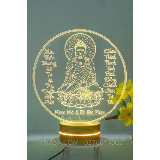 Đèn Vòng phật A DI ĐÀ đế gỗ đổi màu 22cm