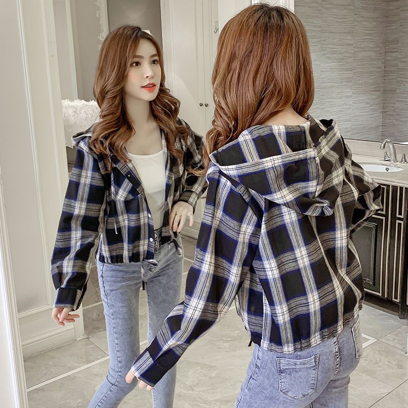 sơ mi croptop tay dài áo croptop tay dài Áo Khoác Sơ Mi Tay Dài Có Nón Lưng Cao Họa Tiết Kẻ Sọc Thiết Kế Dây Rút Thời Trang Cho Nữ 02026