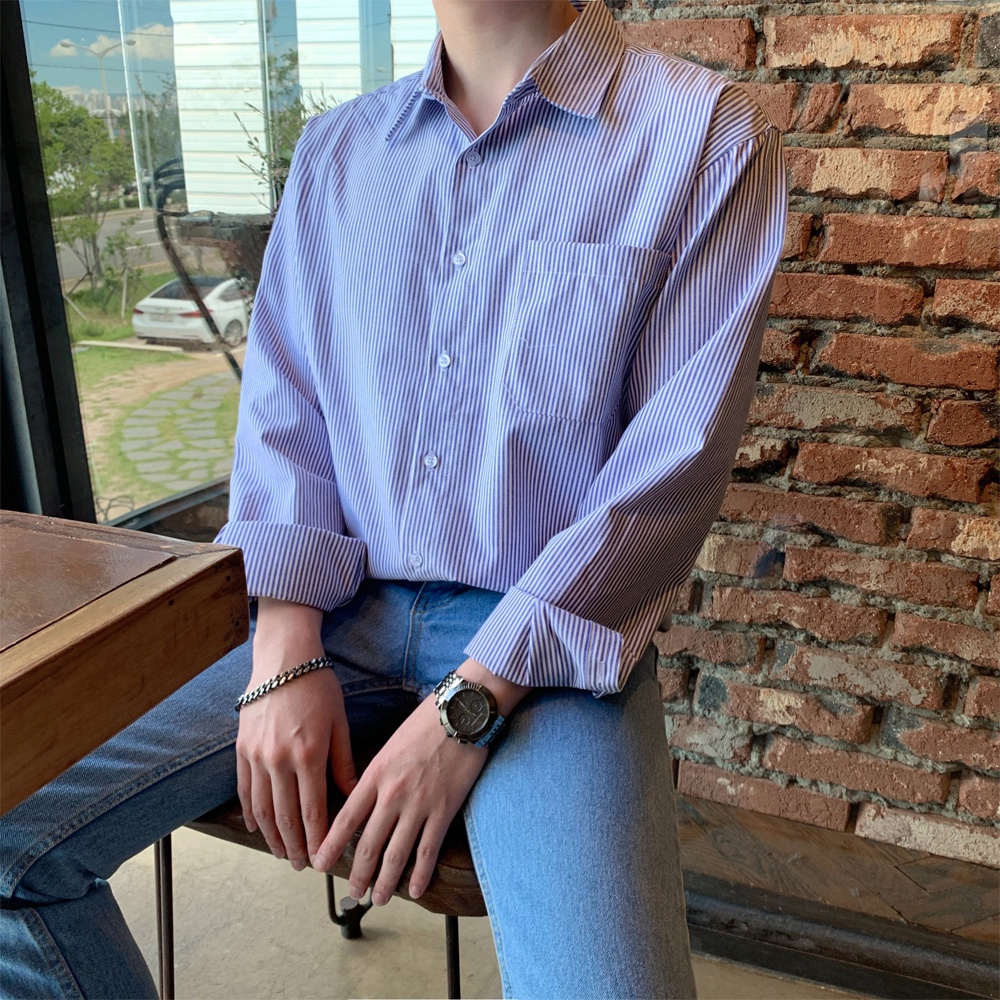 Áo Sơ Mi Cổ Bẻ Nam Xanh Kẻ Sọc Chất Vải Tốt Dáng Rộng Hot Hit Công Sở Trẻ Trung