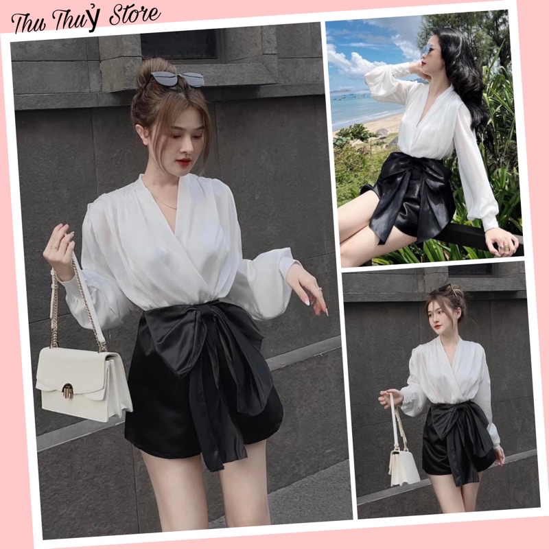 Sét áo sơ mi xếp ly tay bồng cổ chéo mix quần váy nơ tafa cực xinh Sơ mi lụa hàn mềm mướt cv tafa