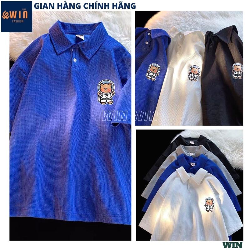 Áo polo THÊU GẤU chất vải tổ ong, mềm mịn thoáng mát, Áo thun cổ sơ mi thêu hình cute unisex màu sắc tươi sáng - WIN
