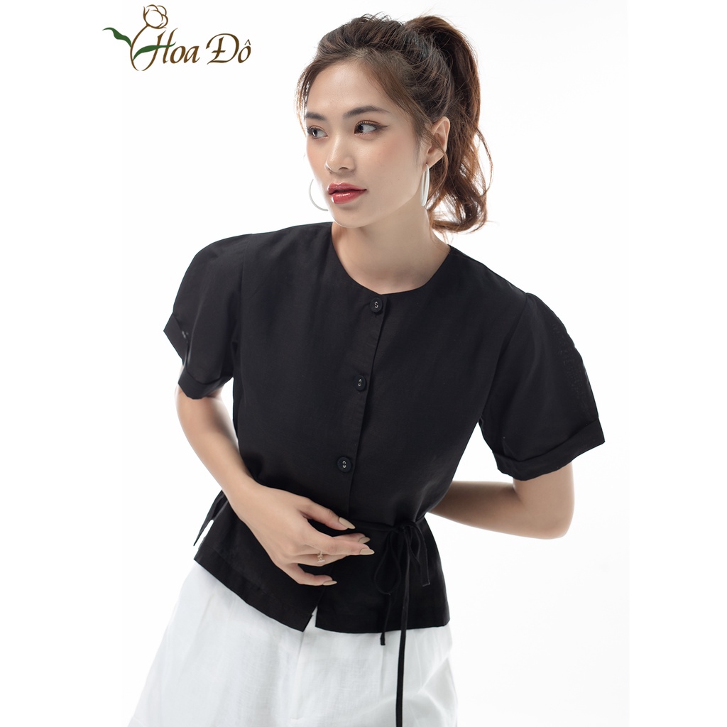 Áo kiểu nữ linen thắt eo thời trang HOA ĐÔ thiết kế đơn giản thanh lich màu đen HA1037