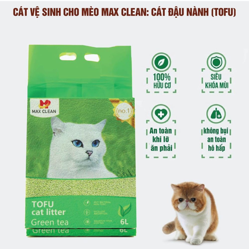 Cát vệ sinh cho mèo Max Clean, Cát đậu nành mùi trà xanh hạt nhuyễn 2,5 kg 6 lít - Max Clean