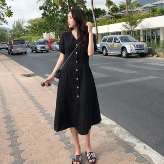 Đầm linen nữ cổ V phối cúc thanh lịch, chất liệu siêu mềm mát, đầm thiết kế Đũi Việt