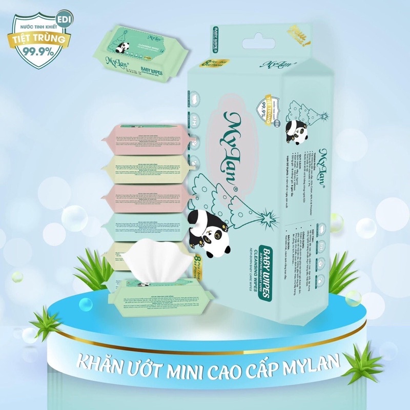 Khăn ướt bỏ túi mini Mylan cầm tay tiện dụng,khăn ướt mini lốc 8 gói 64 tờ