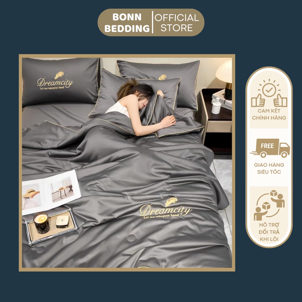 Bộ chăn ga gối Lụa dreamcity chăn trần bông, bộ ga giường lụa cao cấp 4 món phủ / chun, 1m 1m2 1m4 1m5 1m6 1m8 2mx2m 2m2