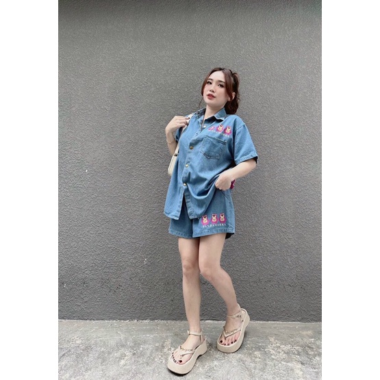 Sét bộ jean in gấu quàn đùi