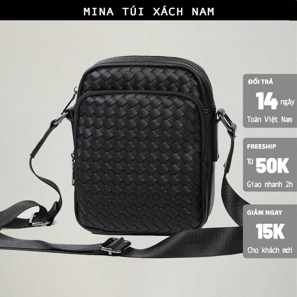 Túi đeo chéo giỏ nam da dệt đen thời trang trơn đơn giản đeo vai nam thời trang Hàn Quốc