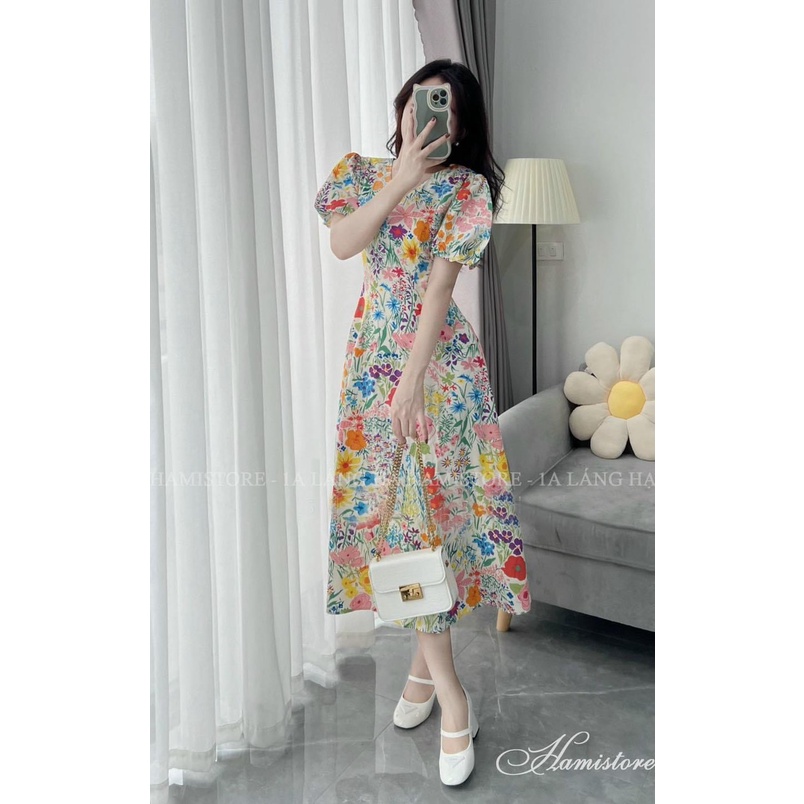 Đầm hoa maxi cổ V tay phồng