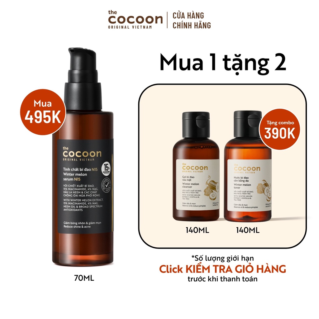 SPECIAL DEAL Tinh chất bí đao N15 (serum) Cocoon 70ml tặng gel bí đao rửa mặt 140ml + nước bí đao cân bằng da 140ml