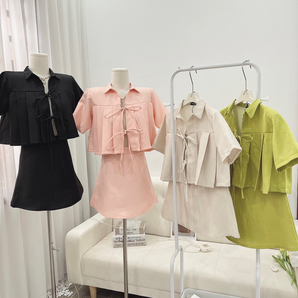 Set Bộ Dạ Áo Croptop Thắt Nơ Mix Chân Váy Cá Tính Có Ảnh Thật Kèm Video