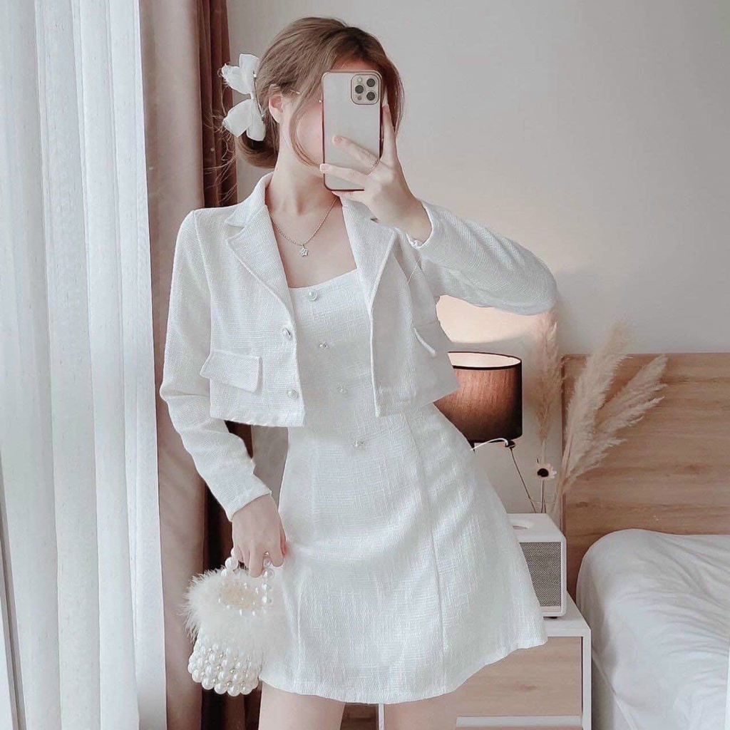 [269] Đầm váy nữ trắng 2 dây họa tiết đính nút ngọc ( có mút ngực ) mix áo khoắc leini tay dài xinh sắn dự tiệc, đi chơi