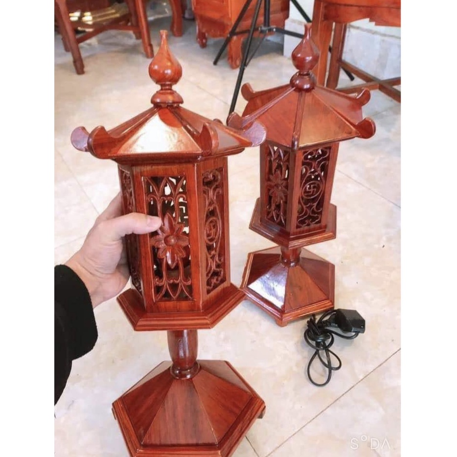 Bán lẻ Đèn thờ lục lăng mái chùa gỗ hương cao 48 , 56cm