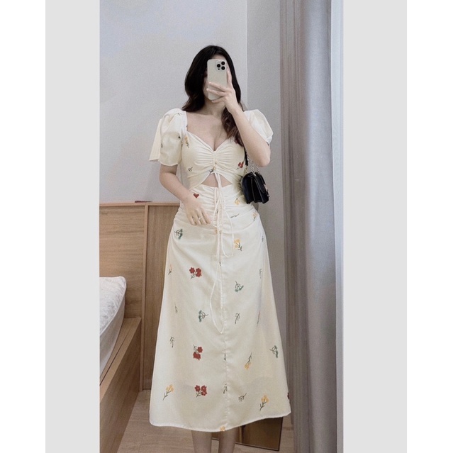 Đầm Maxi Nữ Tay Bồng Rúm Hông, Váy trắng maxi hoa Tay Bồng