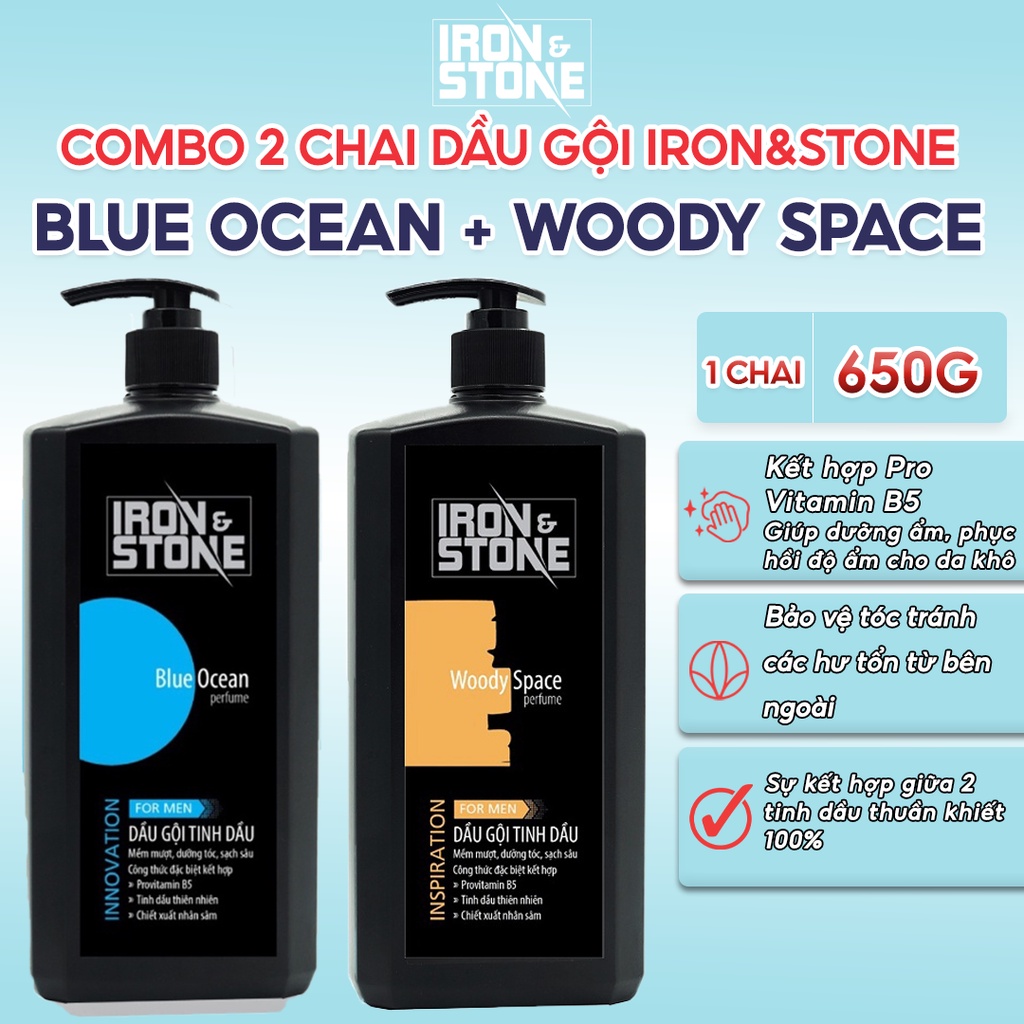 Combo 2 chai dầu gội Iron&Stone dành cho nam dung tích 650G hương Blue Ocean / Woody Space dưỡng tóc mềm mượt