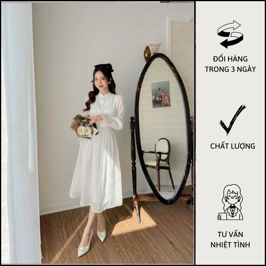 Đầm Trắng Tiểu Thư Tay Dài Phối Nút Nhẹ Nhàng - M0688