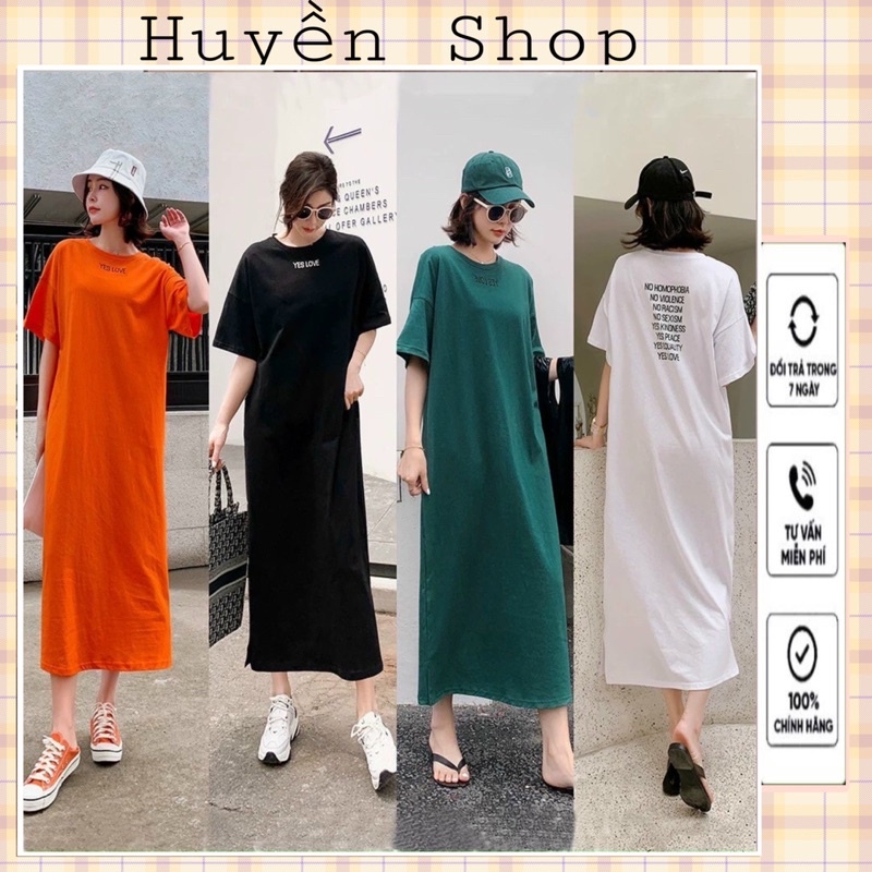 Đầm Suông Nữ Váy Xuông Coton Basic Mẫu Đơn Giản In Chữ Yes LOVE Dáng Dài Fom Dưới 75kg