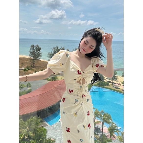 [ 𝐅𝐑𝐄𝐄 𝐒𝐇𝐈𝐏 ] Váy hoa thêu rút ngực tay bồng về cực đẹp Chất thô lụa mềm lót 2 lớp Chun lưng dễ mặc Hàng kỹ