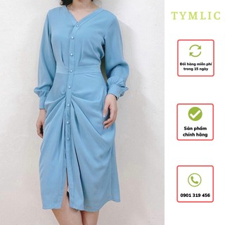 Đầm Lụa Cổ V Nhấn Bèo Tay Phồng Màu Xanh TYMLIC