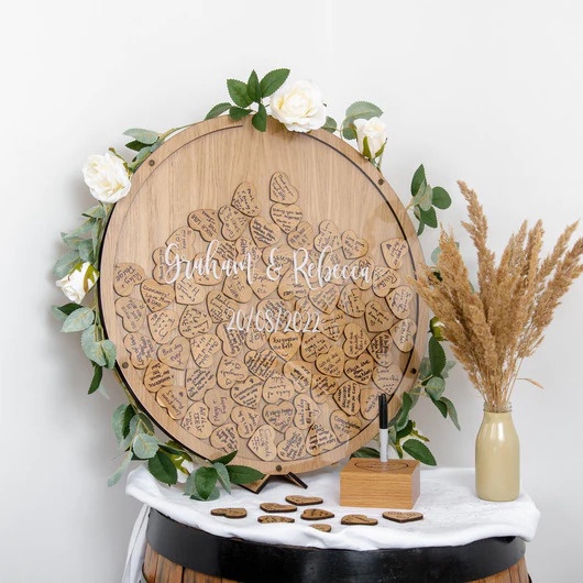 Hộp kí tên thả tim đám cưới, Hộp kí tên trang trí đám cưới hình tròn để bàn đám cưới cô dâu chú rể, Wedding Guest Book