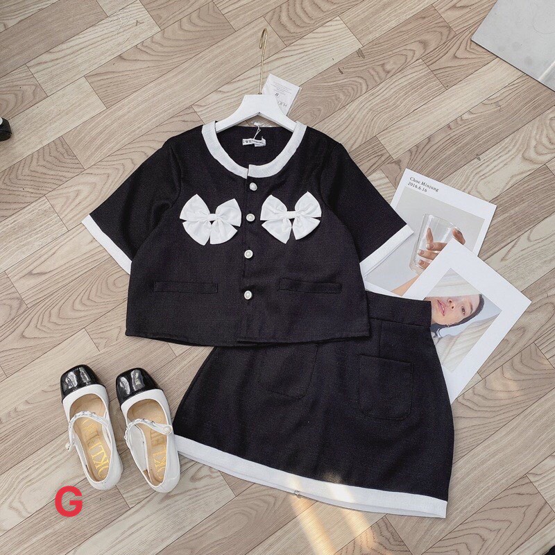 sét bộ kaki bố cv túi trước phối áo kiểu 2 nơ cổ tròn ngắn tay hot