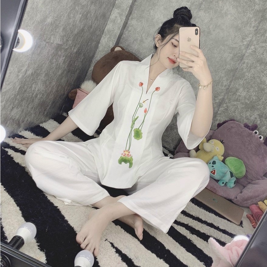 (LỤA THÊU SEN) Trang phục truyền thống, đồ bộ mặc nhà, Quần áo phật tử, đồ lam đi chùa