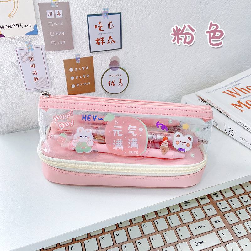 Túi đựng bút 2 ngăn màu sắc dễ thương tặng kèm hình tự dán BBT4