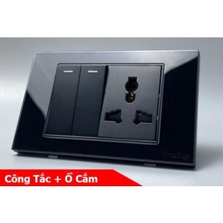 Công tắc 2nút + ổ cắm 3 chấu điện âm tường mặt kính cường lực tenko tk-c9-054 đen