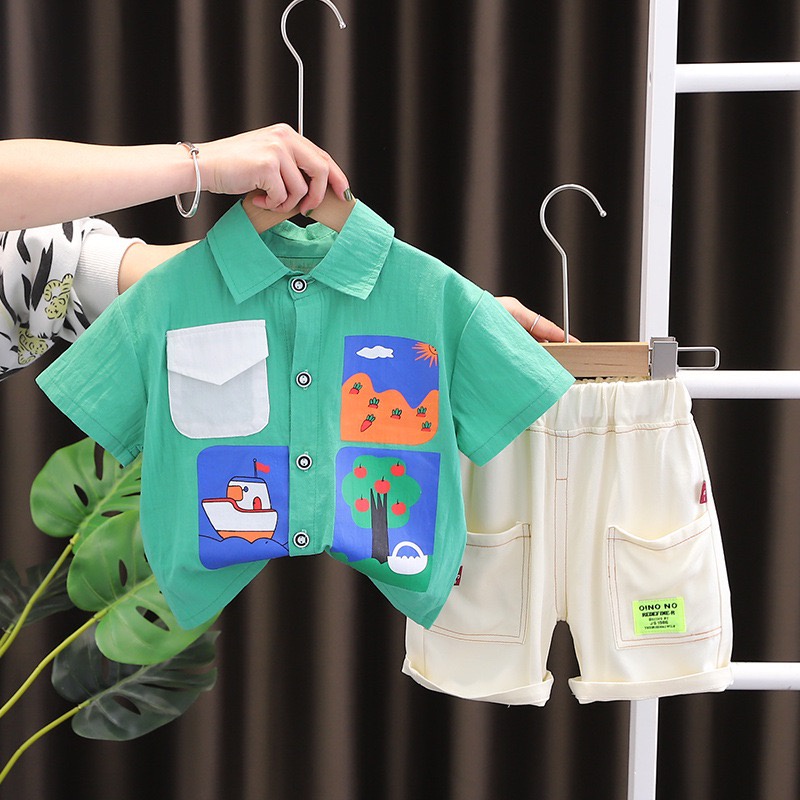 Bộ Quần Áo Cộc Tay In Hình Carot, Sét Áo Sơ Mi Quần Đùi Chất Lụa Nhuyễn Cho Bé Từ 6-28kg KIDSHOUSE
