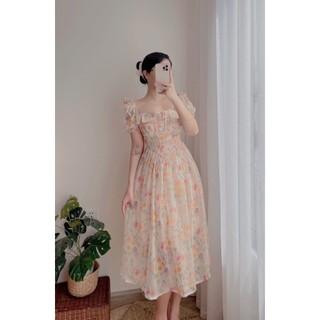 [ ẢNH TỰ CHỤP ] ĐẦM VINTAGE HOA TRỄ VAI - anvintageclothes
