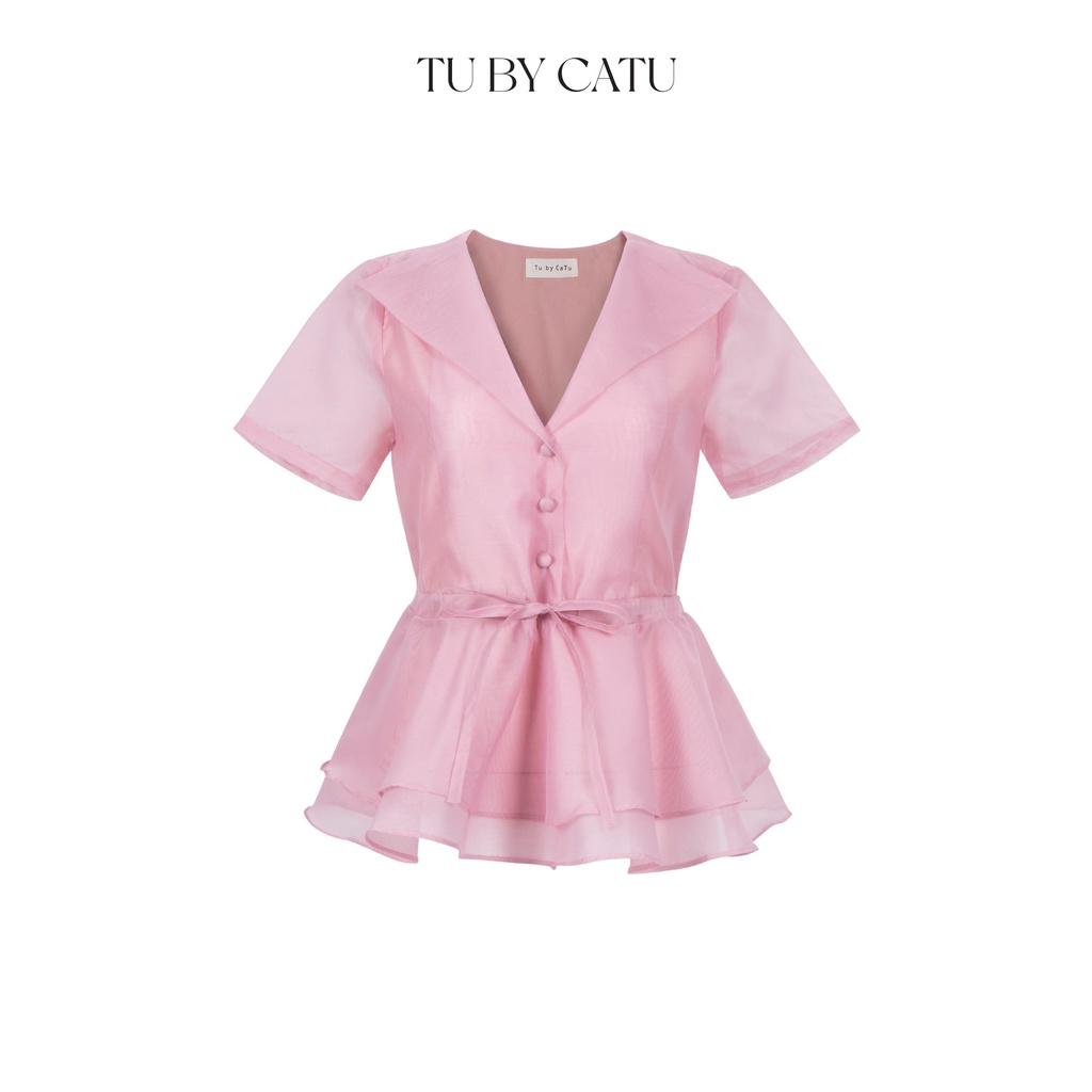 TUBYCATU | Áo ngắn tay cổ bẻ rút eo organza màu hồng