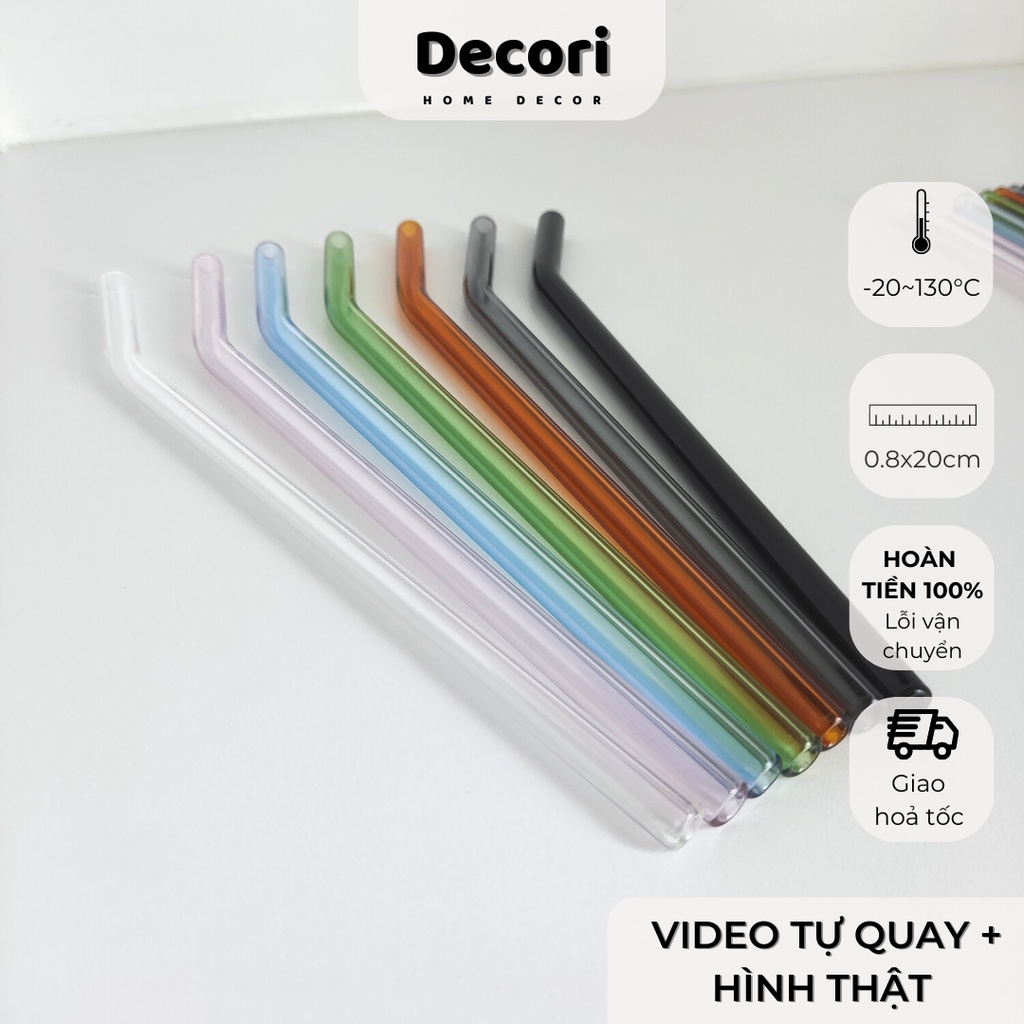 Ống hút thuỷ tinh tái sử dụng dài 20cm cong, thẳng trong suốt (nhiều màu) | Decori