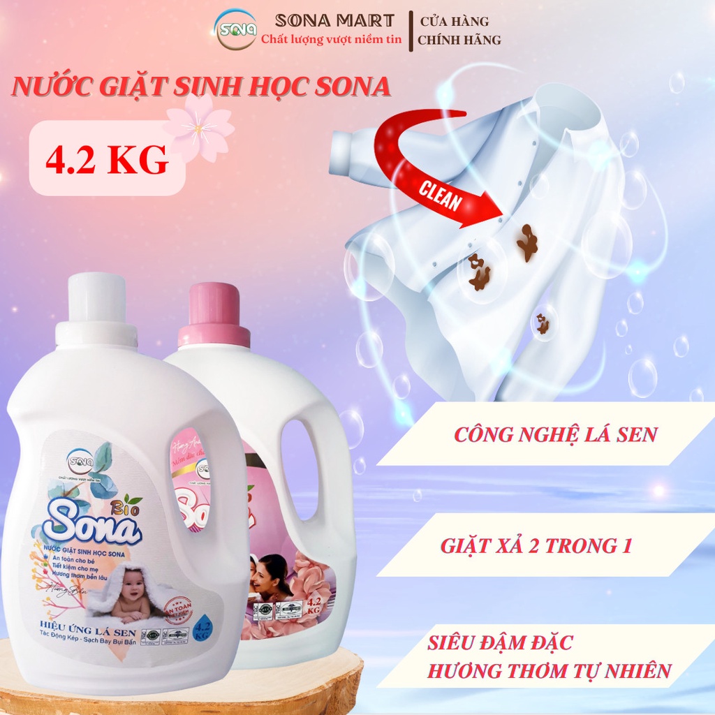 Nước giặt SINH HỌC SONA 4.2L giặt xả quần áo 2 trong 1 hương hoa tự nhiên quần áo mềm mại lưu hương suốt 48h