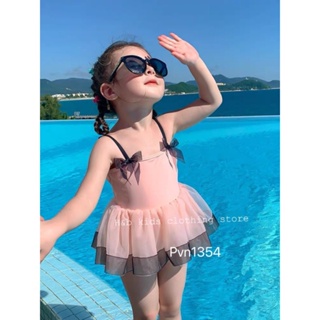 Bikini đính nơ đen phối voan bé gái