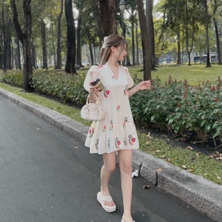 Đầm Hoa Cổ V Kèm Đai Thắt Eo Mã KH01