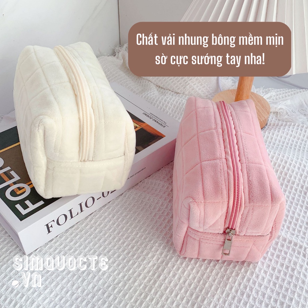 Túi đựng bút, đồ trang điểm vải nhung bông mềm mại cỡ lớn màu pastel xinh xắn phong cách Hàn Quốc TMP41