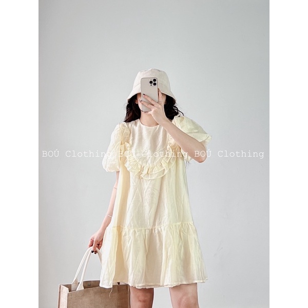 Đầm babydoll tơ nhăn viền bèo tay phồng dễ thương, đáng yêu dành cho nữ