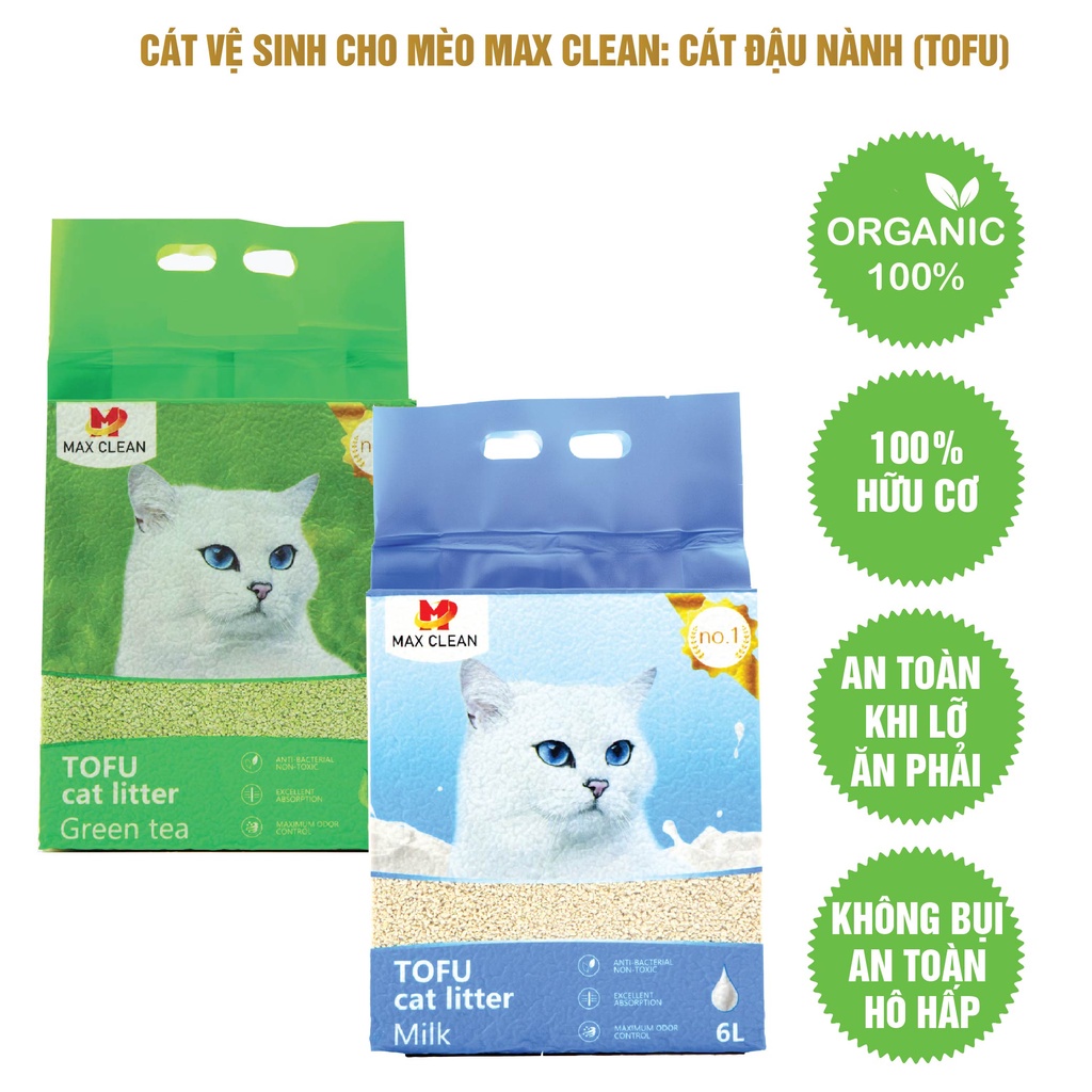 [1 THÙNG 6 BỊCH] Cát Đậu Nành Max Clean Cát Tofu Vệ Sinh Cao Cấp Cho Mèo Siêu Vón Cục Không Bụi