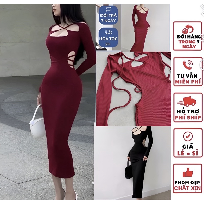 ĐẦM BODY TAY DÀI DÁNG MIDI DÂY CHÉO NGỰC KHOÉT EO ÔM TÔN DÁNG 3V SEXY ĐỎ-ĐEN