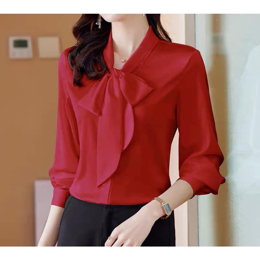 Áo Sơ Mi trung niên nữ HT official,Áo Sơ Mi Nữ Đẹp Tay Dài Cổ Thắt Nơ Chất Lụa Cao Cấp