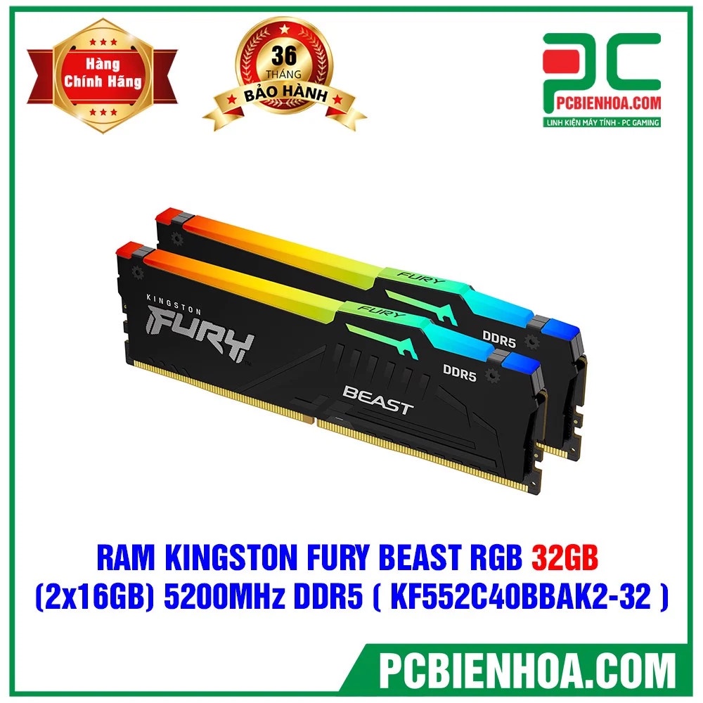 BỘ NHỚ RAM KINGSTON FURY BEAST RGB 32GB (2X16GB) 5200MHZ DDR5 ( KF552C40BBAK2-32 ) - Hàng chính hãng