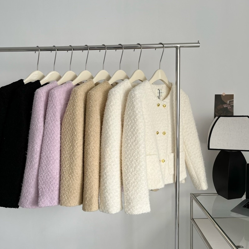 Áo khoác dạ tweed nữ khoác ngoài cổ tròn khuy mạ vàng dài tay sang trọng