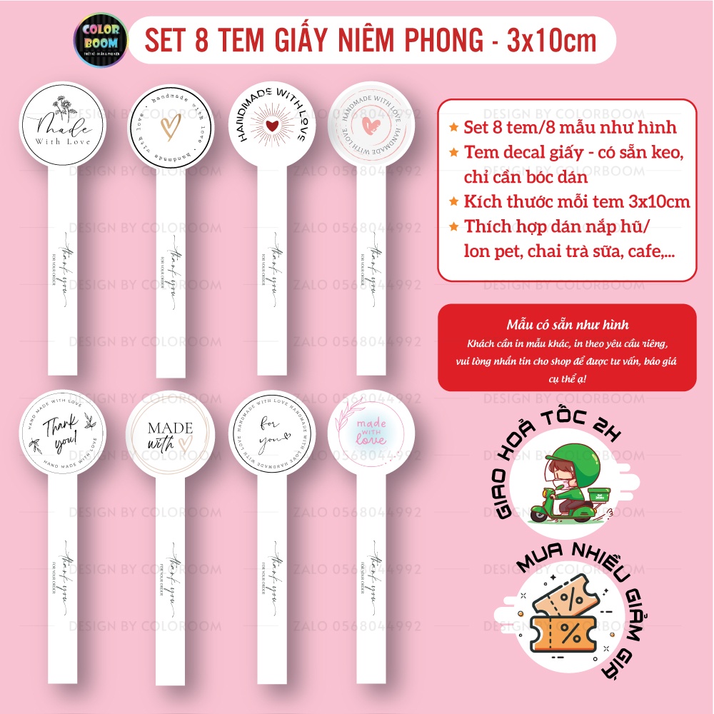 Set 8 Tem Giấy Niêm Phong - Size 3x10cm