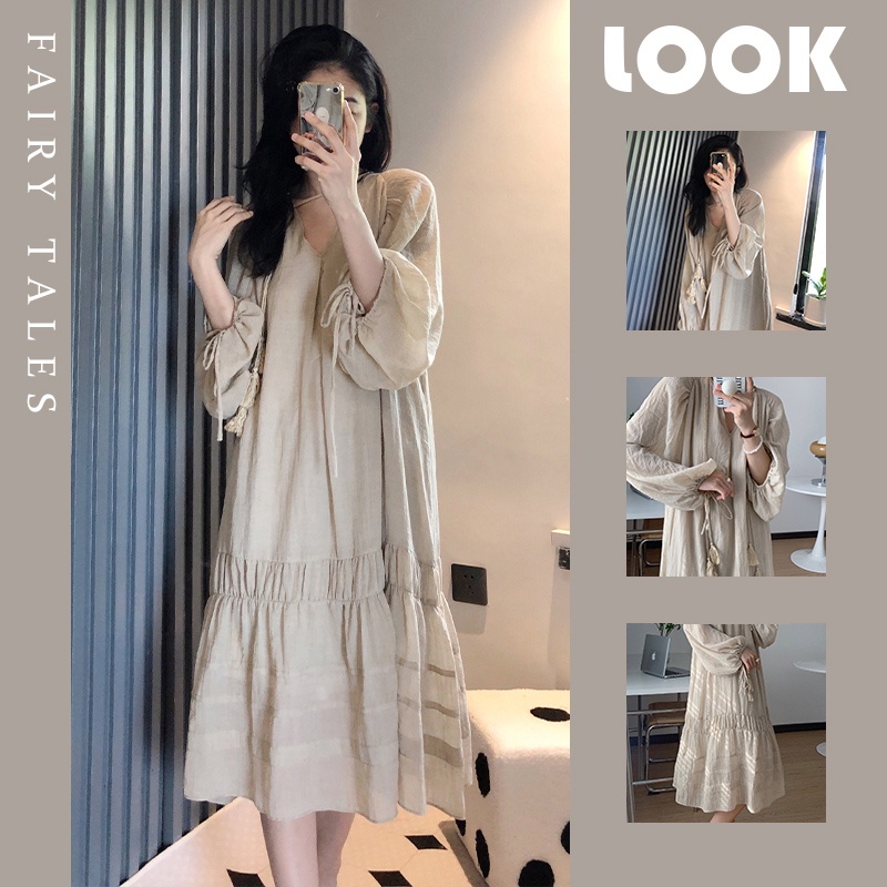 Đầm ngủ EGHY dài tay cao cấp cổ chữ v thời trang mùa thu phong cách Pháp cổ điển kiểu mới cho nữ